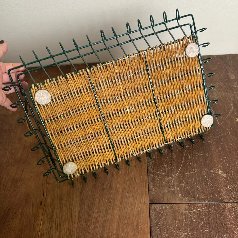 Vintage‎ Green Wire Basket with Woven Rattan Bottom and Handles 14.5x10.5